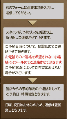 施術に関するご質問や美容に関する事などお気軽にお問い合わせください。スタッフが確認後数日中にご返信させて頂きます。日曜、祝日はお休みのため、返信は翌営業日となります。