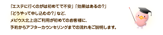 「エステに行くのがは初めてで不安」「効果はあるの？」「どうやって申し込むの？」など、メビウス北上店ご利用が初めてのお客様に、予約からアフターカウンセリングまでの流れをご説明します。