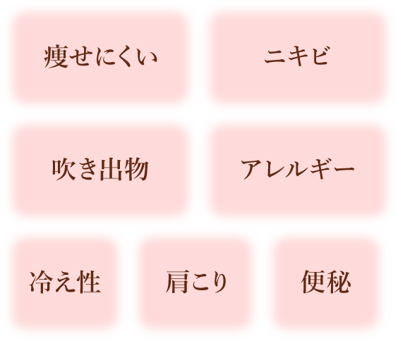 痩せにくい、ニキビ、吹き出物、アレルギー、冷え性、肩こり、便秘