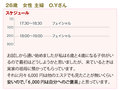 お試しから通い始めましたが私は６歳と４歳になる子供がいるので最初はどうしようかと思いましたが、来ているときは実家の祖母に預かってもらっています。それに月々6,000円は他のエステでも見たことが無いくらい安いので、6「,000円は自分へのご褒美」と思っています。