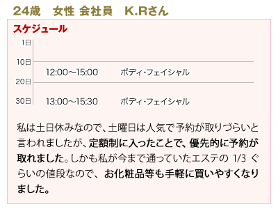 私は土日休みなので、土曜日は人気で予約が取りづらいと言われましたが、定額制に入ったことで、優先的に予約が取れました。しかも私が今まで通っていたエステの1/3ぐらいの値段なので、お化粧品等も手軽に買いやすくなりました。